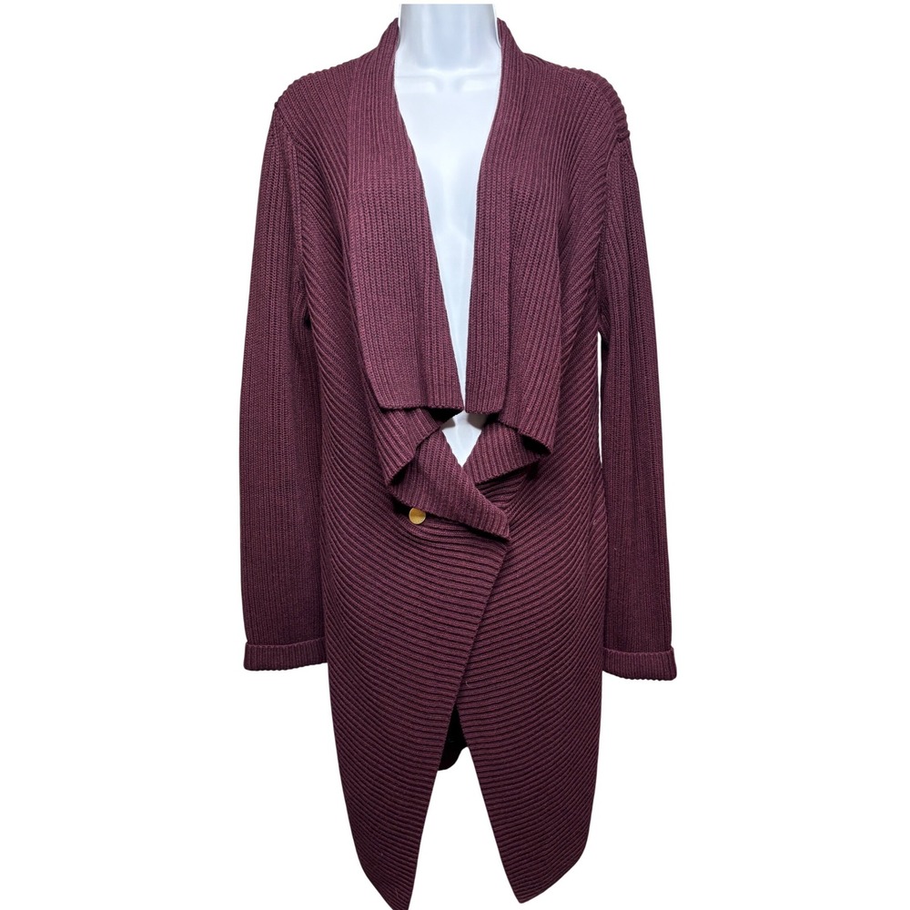 CABI Womens Burgundy Ribbed Draped Asymmetric Cardigan M Quiet Luxury Minimalist